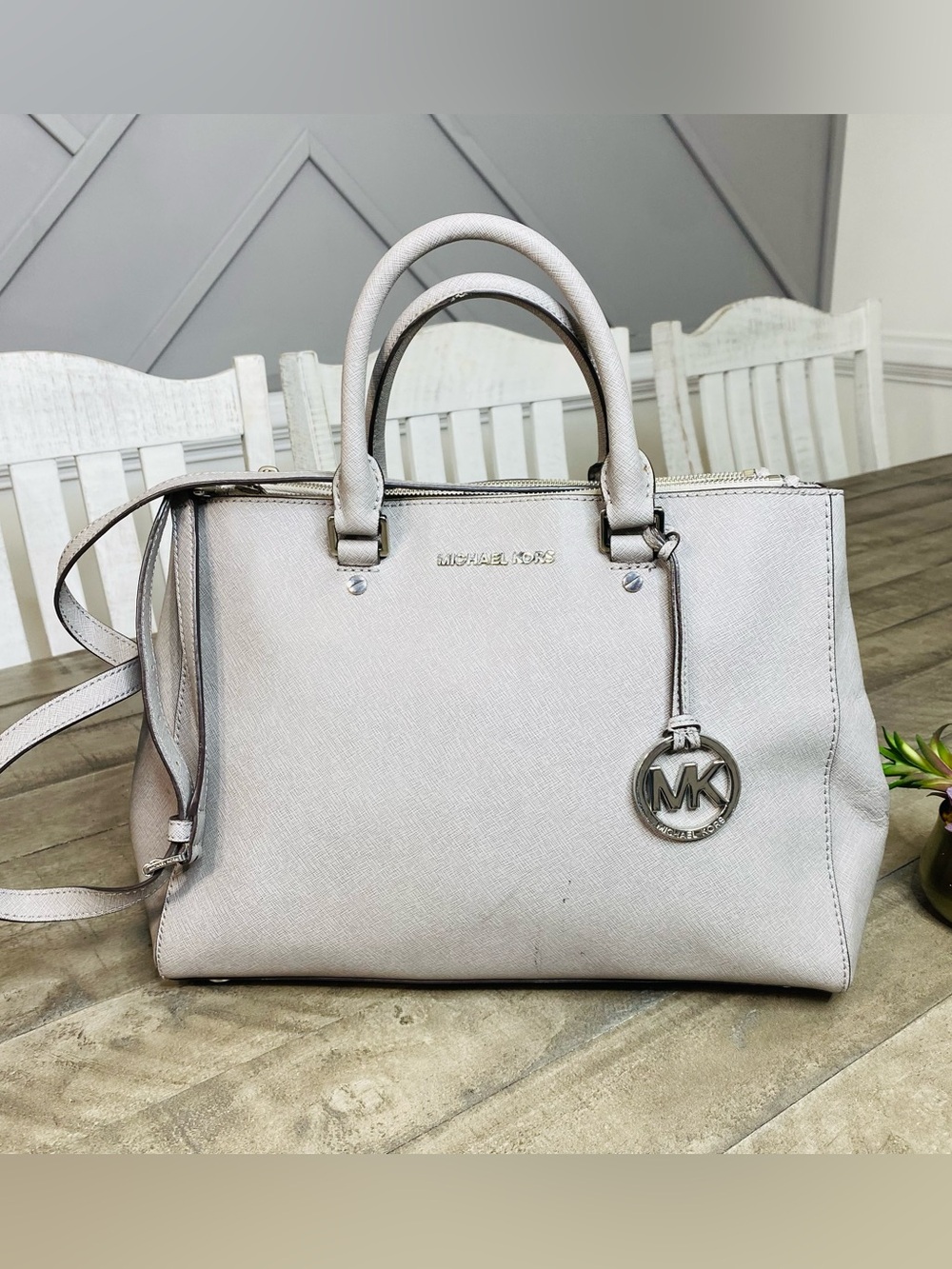 Michael Kors Sutton Medium Saffiano Leather Satchel Bag Gray Silver Hardware
